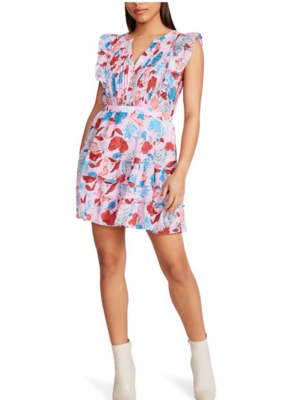 BB Dakota Pink Floral V-Neck Sleeveless Ruffle Mini Dress Size Medium